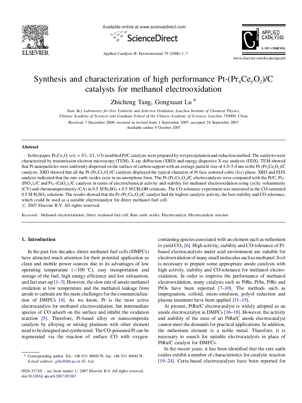 Synthesis and characterization of high performance Pt-(PrxCeyOz)/C catalysts for methanol electrooxidation