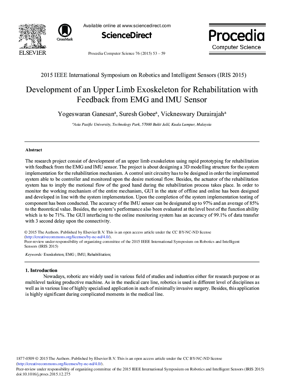 Development of an Upper Limb Exoskeleton for Rehabilitation with Feedback from EMG and IMU Sensor 