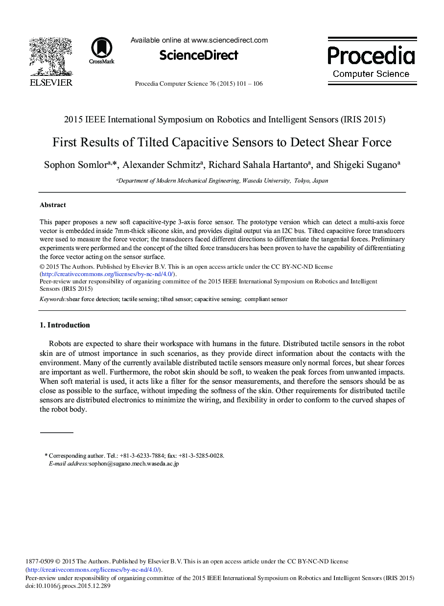 First Results of Tilted Capacitive Sensors to Detect Shear Force 