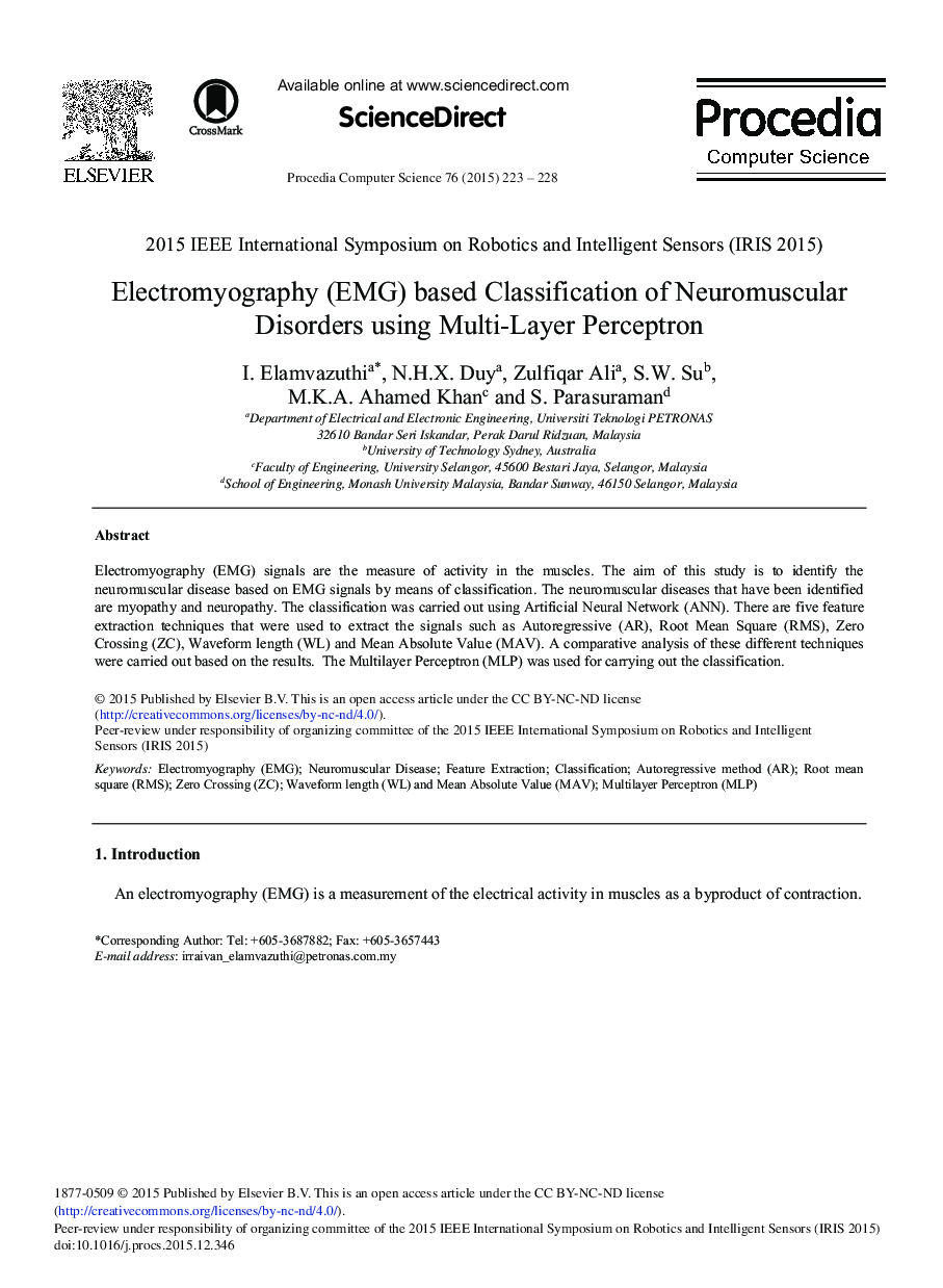 Electromyography (EMG) based Classification of Neuromuscular Disorders using Multi-Layer Perceptron 