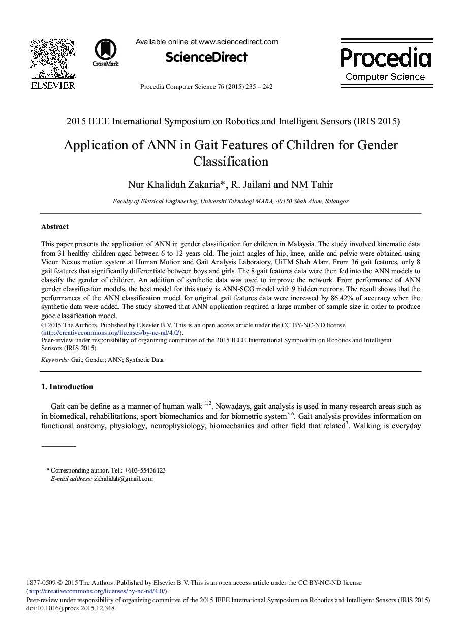 Application of ANN in Gait Features of Children for Gender Classification 