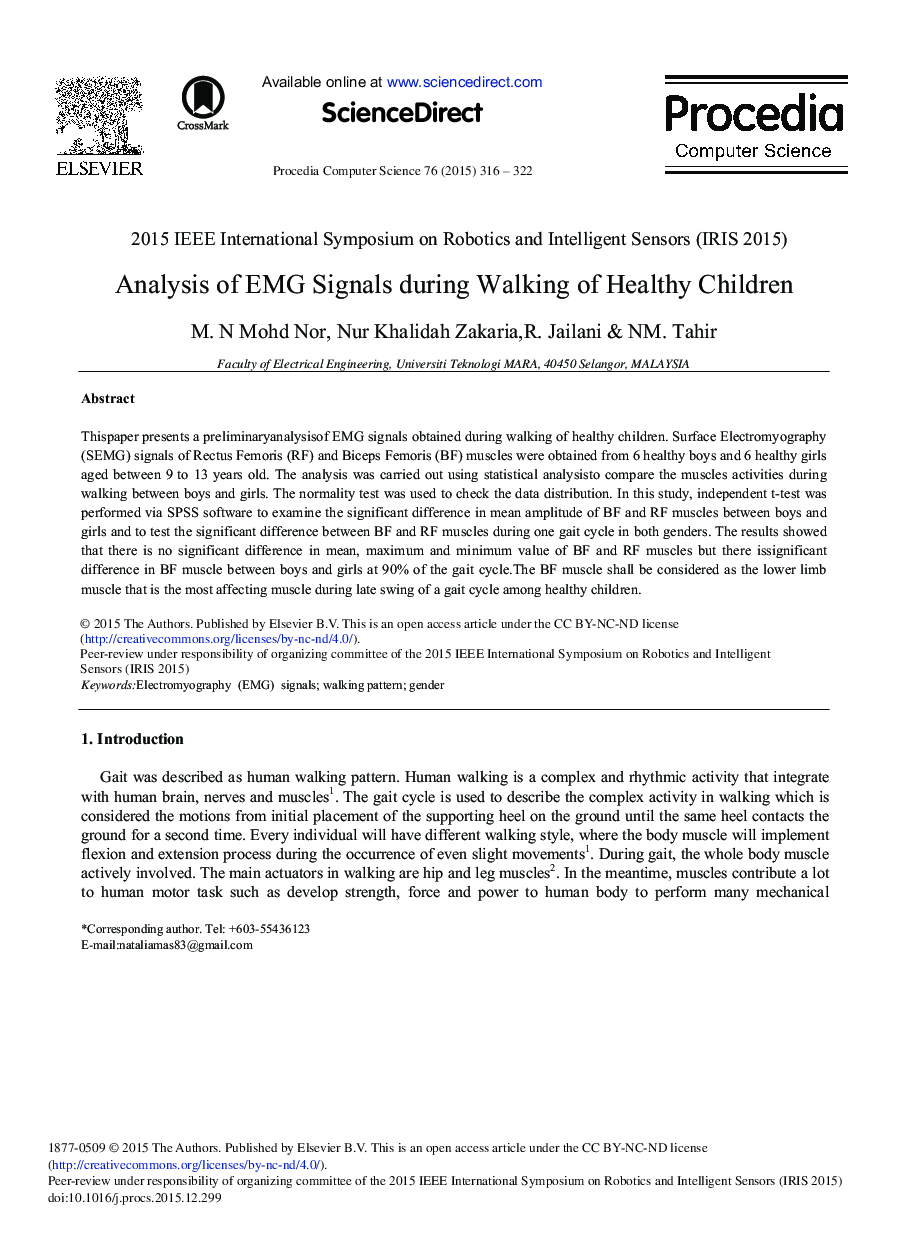 Analysis of EMG Signals During Walking of Healthy Children 