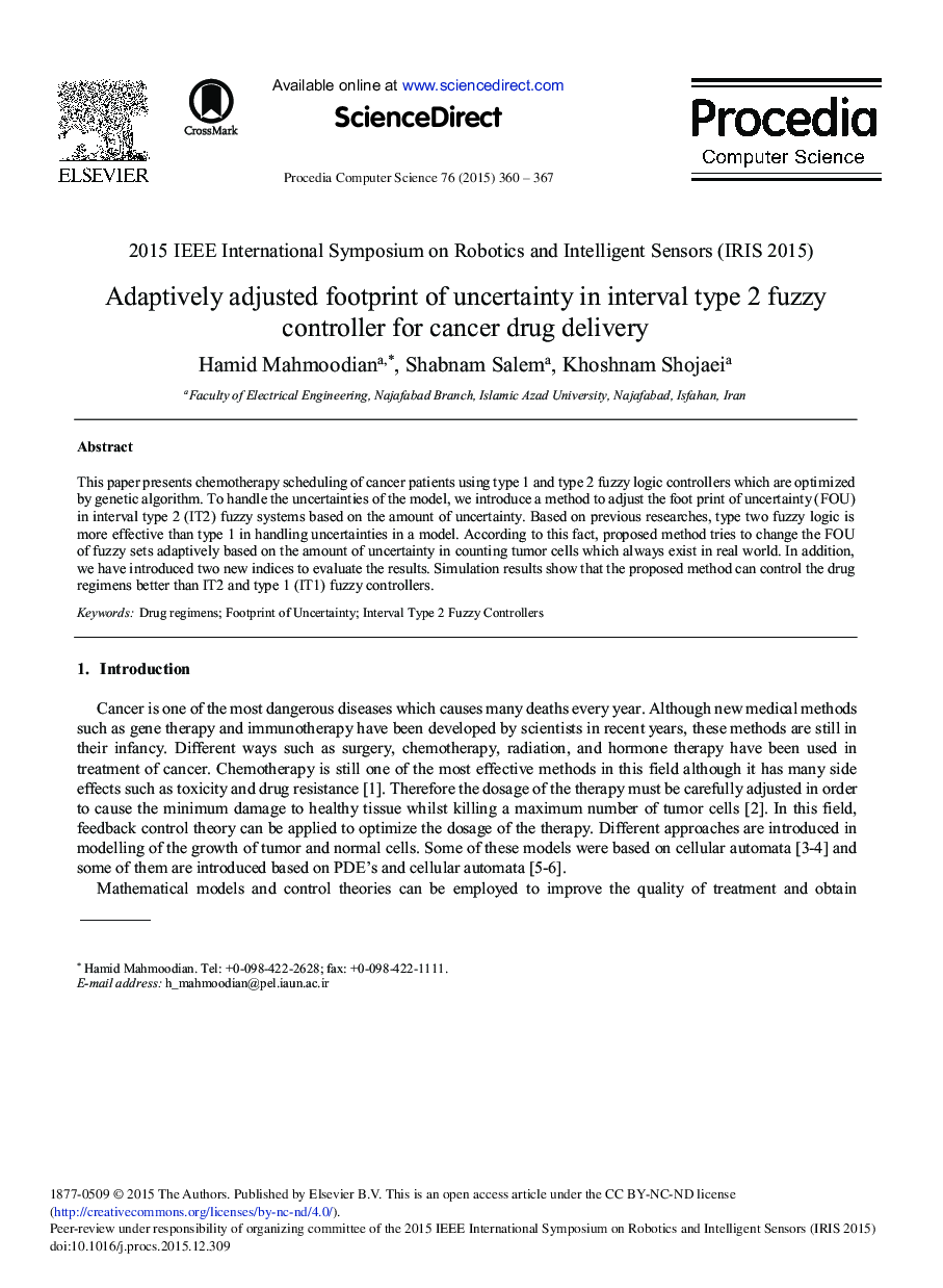 Adaptively Adjusted Footprint of Uncertainty in Interval Type 2 Fuzzy Controller for Cancer Drug Delivery 