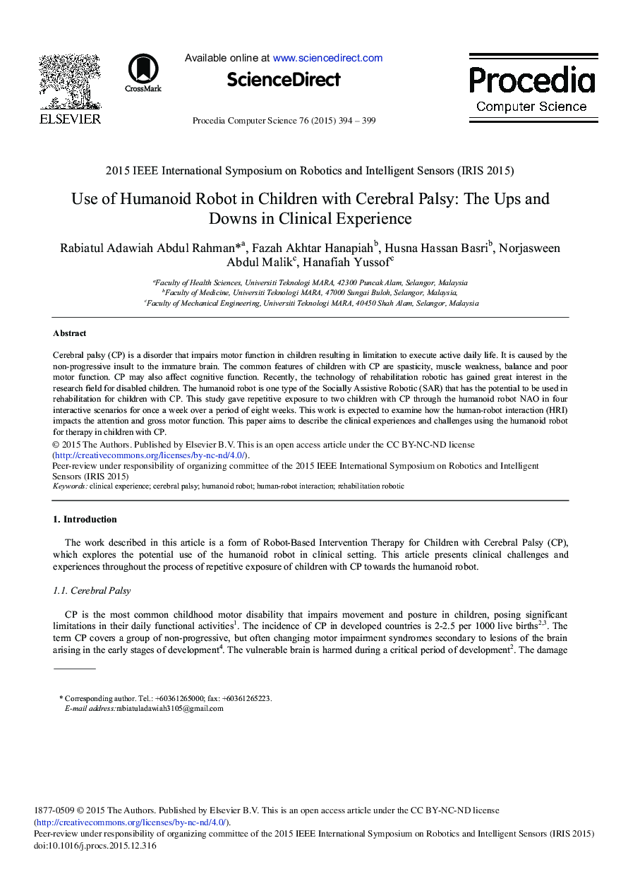 Use of Humanoid Robot in Children with Cerebral Palsy: The Ups and Downs in Clinical Experience 