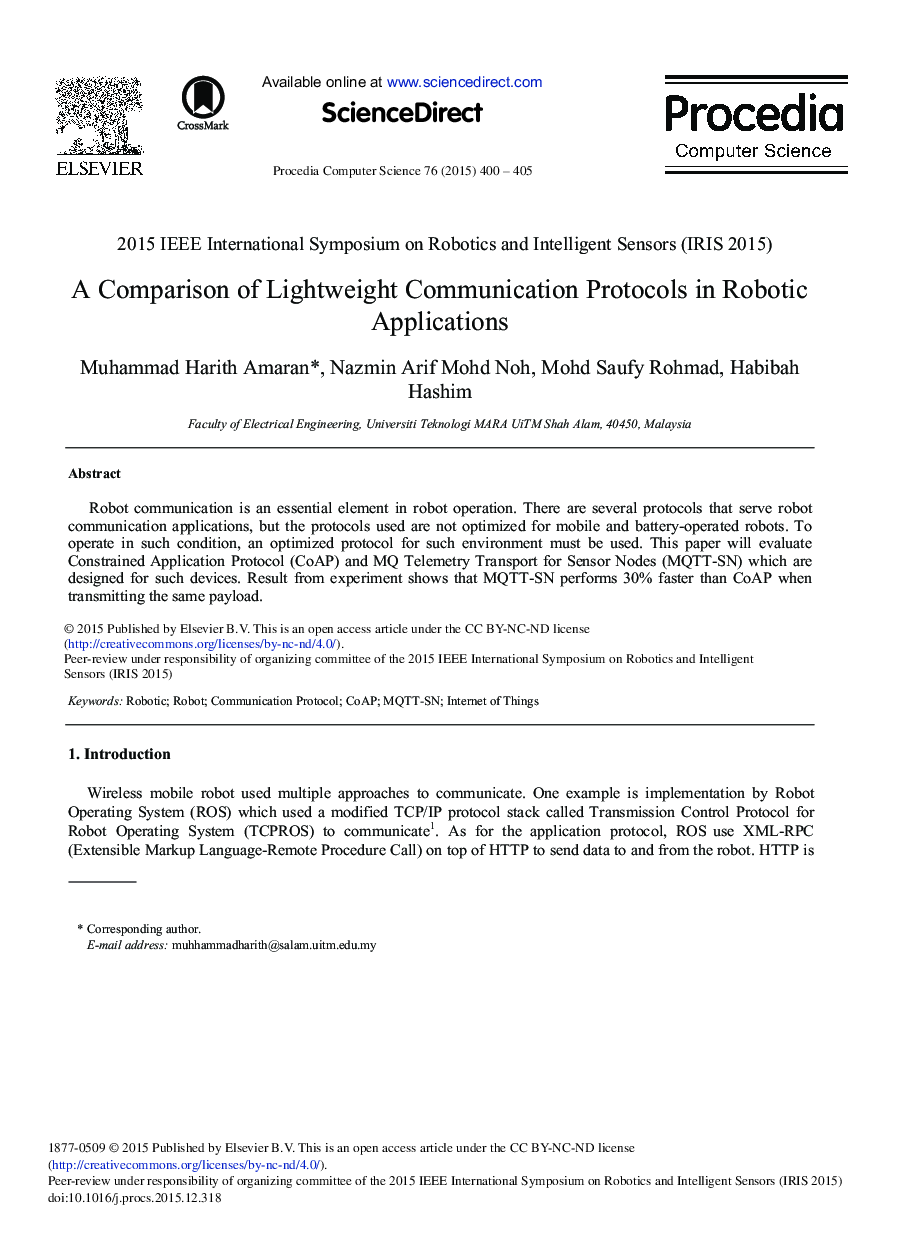 A Comparison of Lightweight Communication Protocols in Robotic Applications 