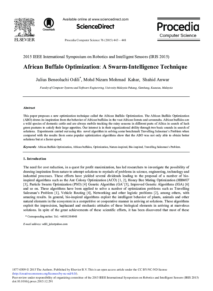 African Buffalo Optimization: A Swarm-Intelligence Technique 