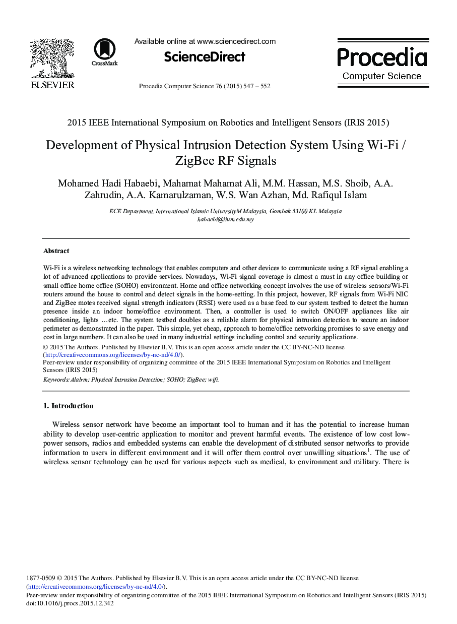 Development of Physical Intrusion Detection System Using Wi-Fi / ZigBee RF Signals 