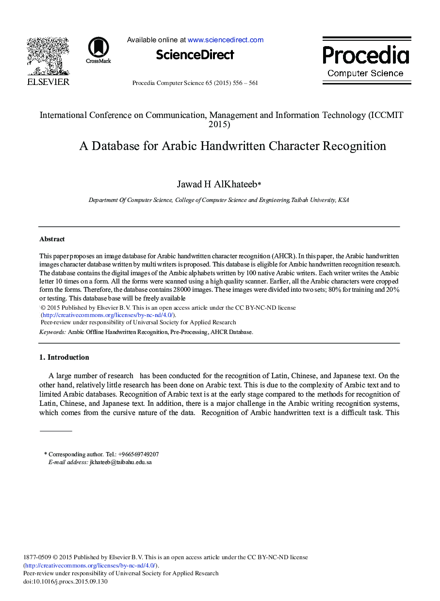 A Database for Arabic Handwritten Character Recognition 