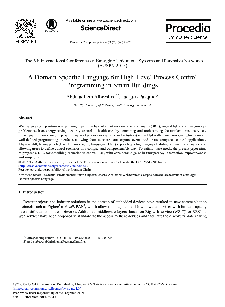 عکس صفحه اول مقاله: A Domain Specific Language for High-level Process Control Programming in Smart Buildings A Domain Specific Language for High-level Process Control Programming in Smart Buildings