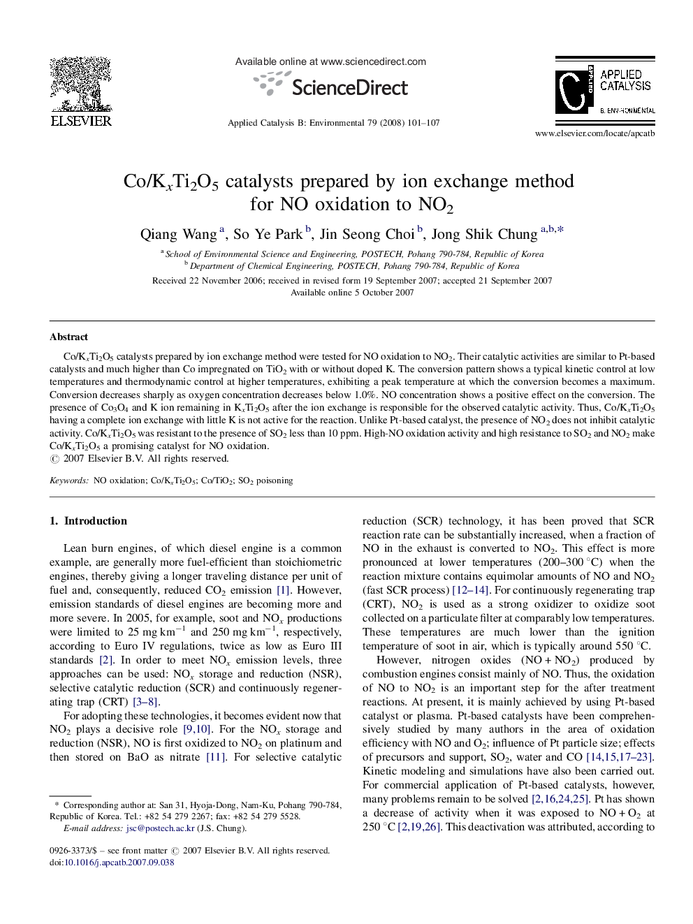 Co/KxTi2O5 catalysts prepared by ion exchange method for NO oxidation to NO2