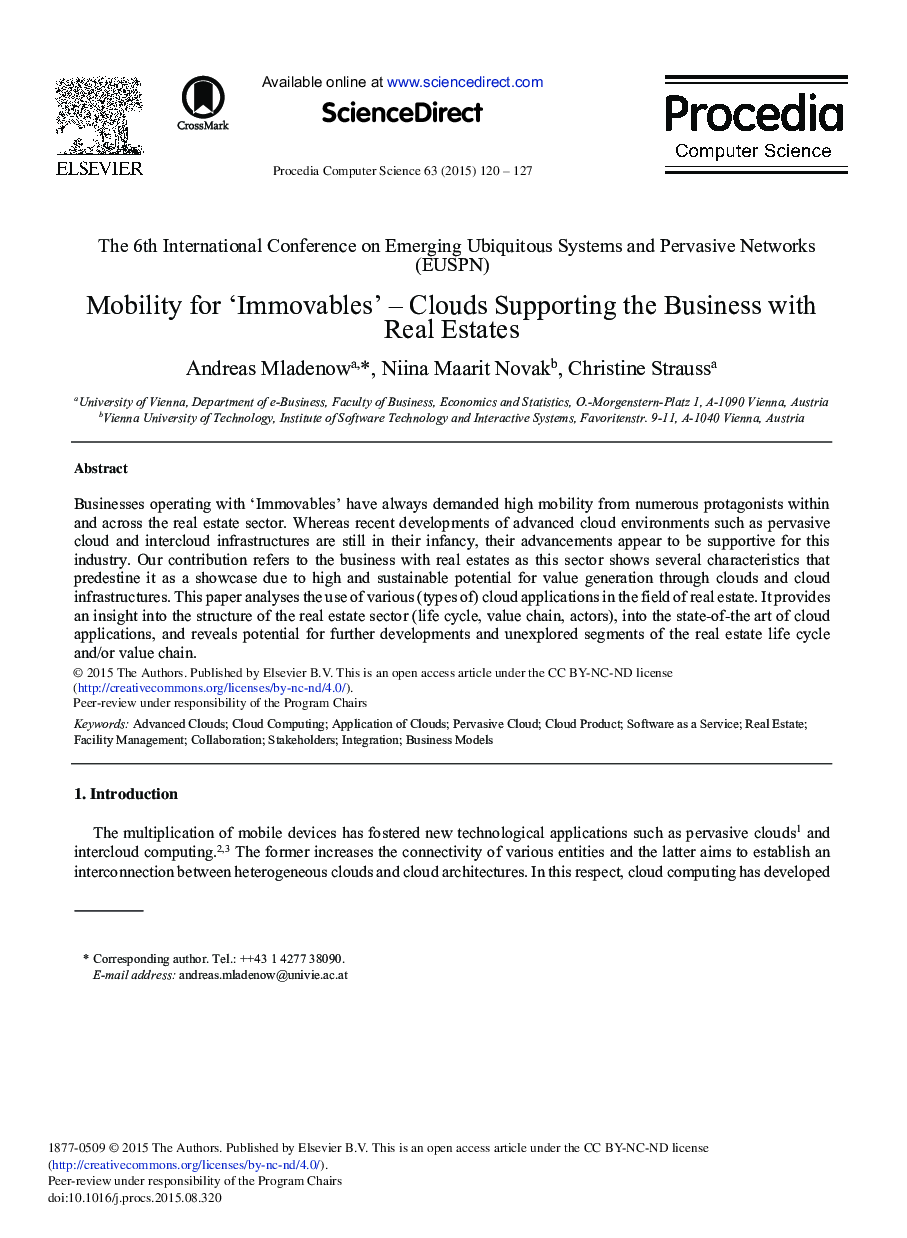 عکس صفحه اول مقاله: Mobility for ‘Immovables’ – Clouds Supporting the Business with Real Estates Mobility for ‘Immovables’ – Clouds Supporting the Business with Real Estates