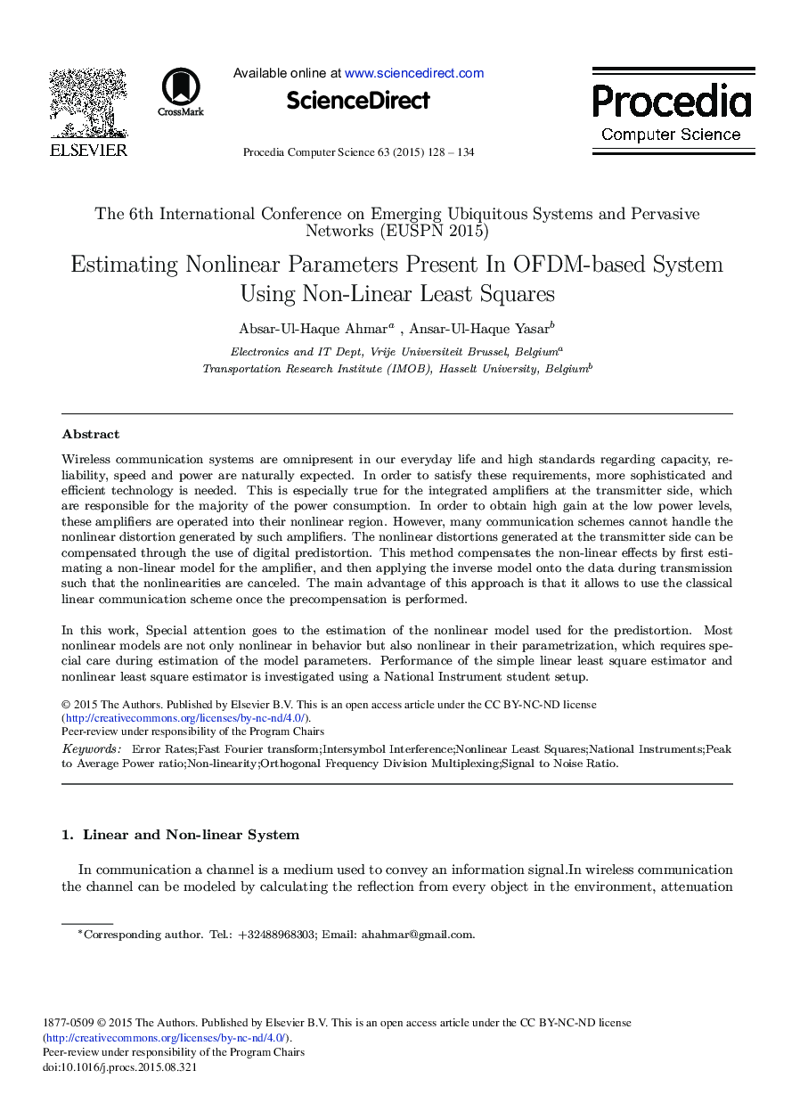 Estimating Nonlinear Parameters Present in OFDM-based System Using Non-linear Least Squares 