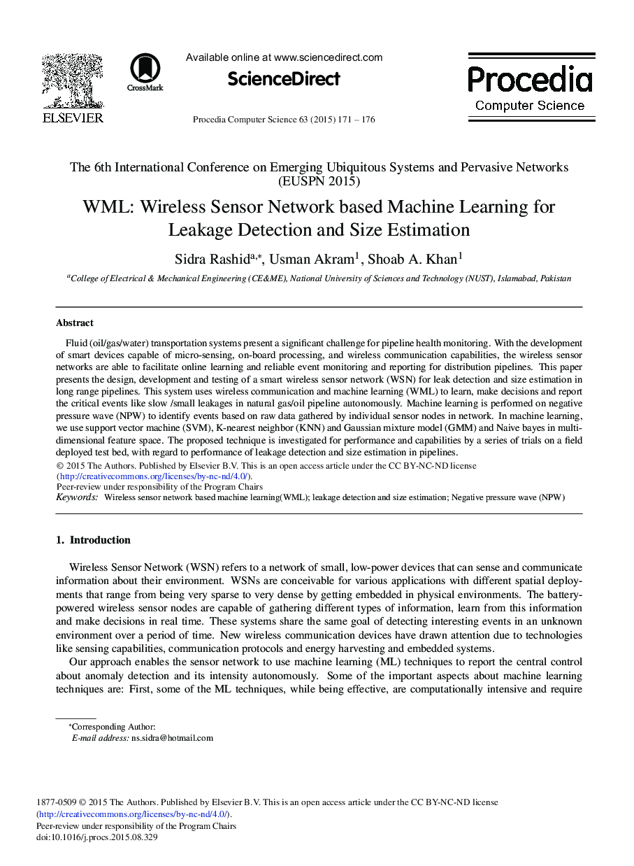 WML: Wireless Sensor Network based Machine Learning for Leakage Detection and Size Estimation 