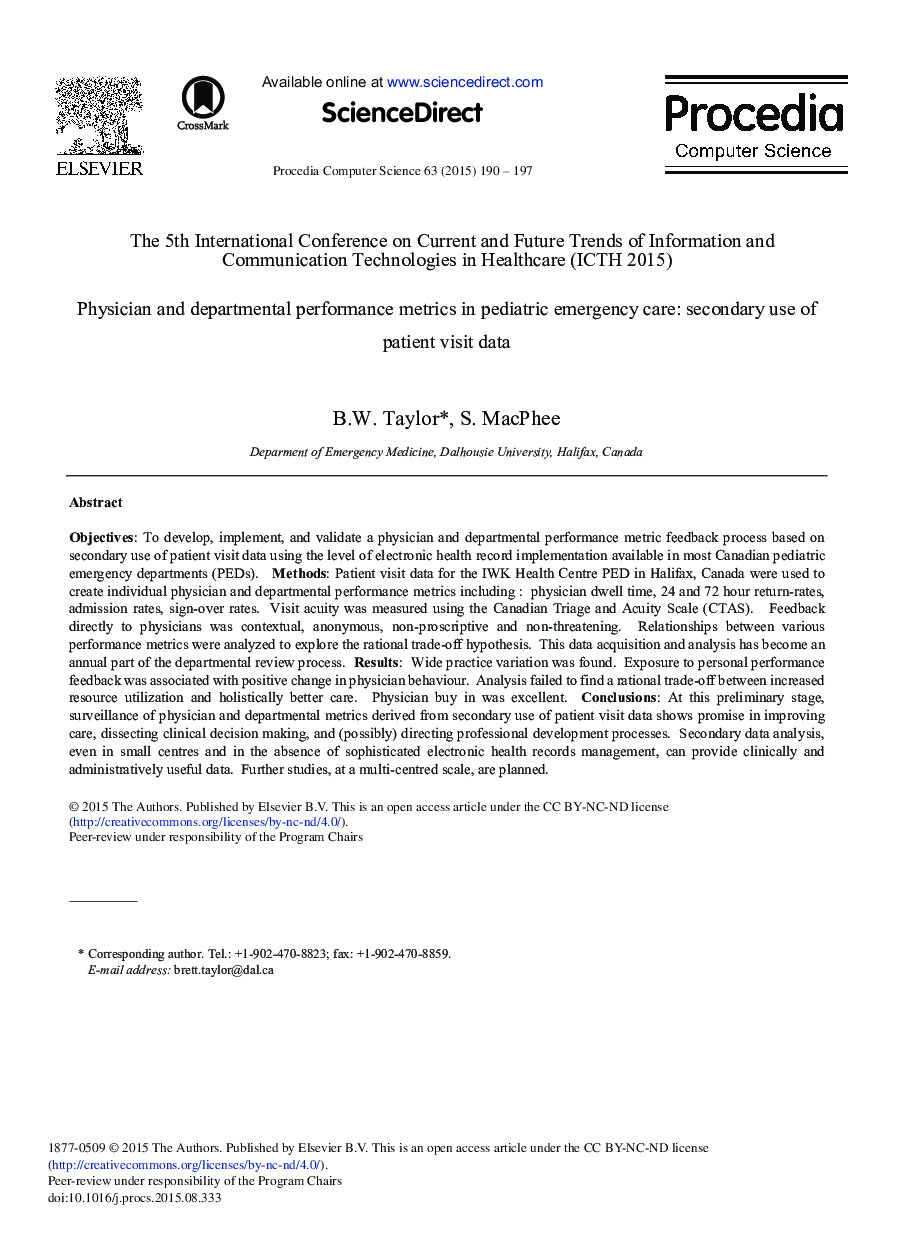 عکس صفحه اول مقاله: Physician and Departmental Performance Metrics in Pediatric Emergency Care: Secondary use of Patient Visit Data Physician and Departmental Performance Metrics in Pediatric Emergency Care: Secondary use of Patient Visit Data