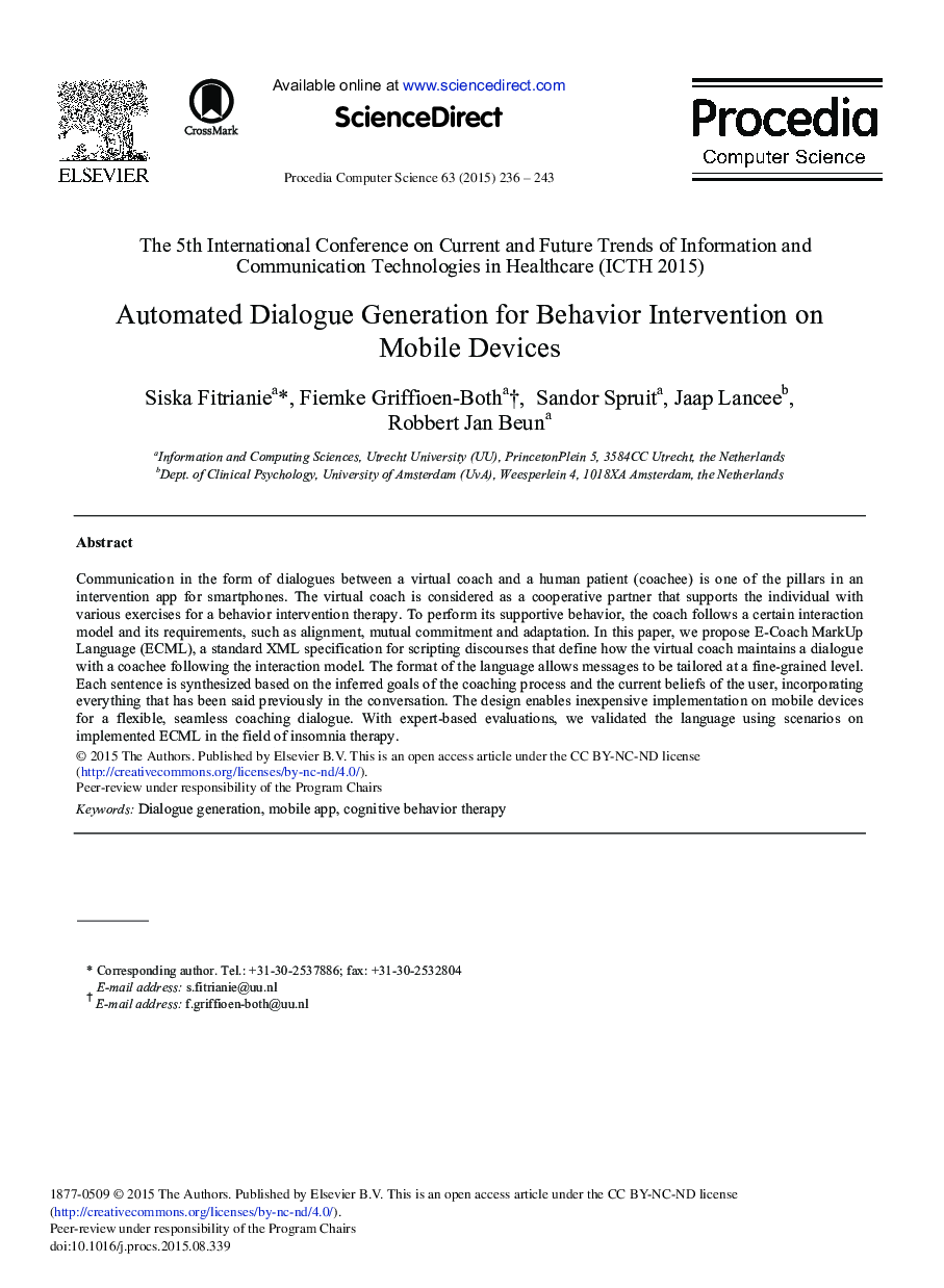 عکس صفحه اول مقاله: Automated Dialogue Generation for Behavior Intervention on Mobile Devices Automated Dialogue Generation for Behavior Intervention on Mobile Devices