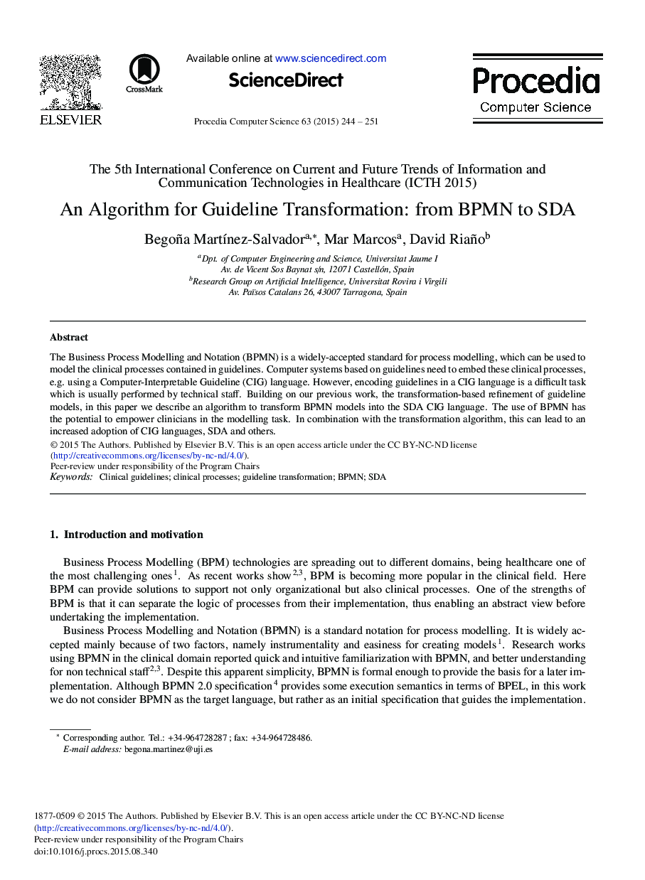 عکس صفحه اول مقاله: An Algorithm for Guideline Transformation: From BPMN to SDA An Algorithm for Guideline Transformation: From BPMN to SDA