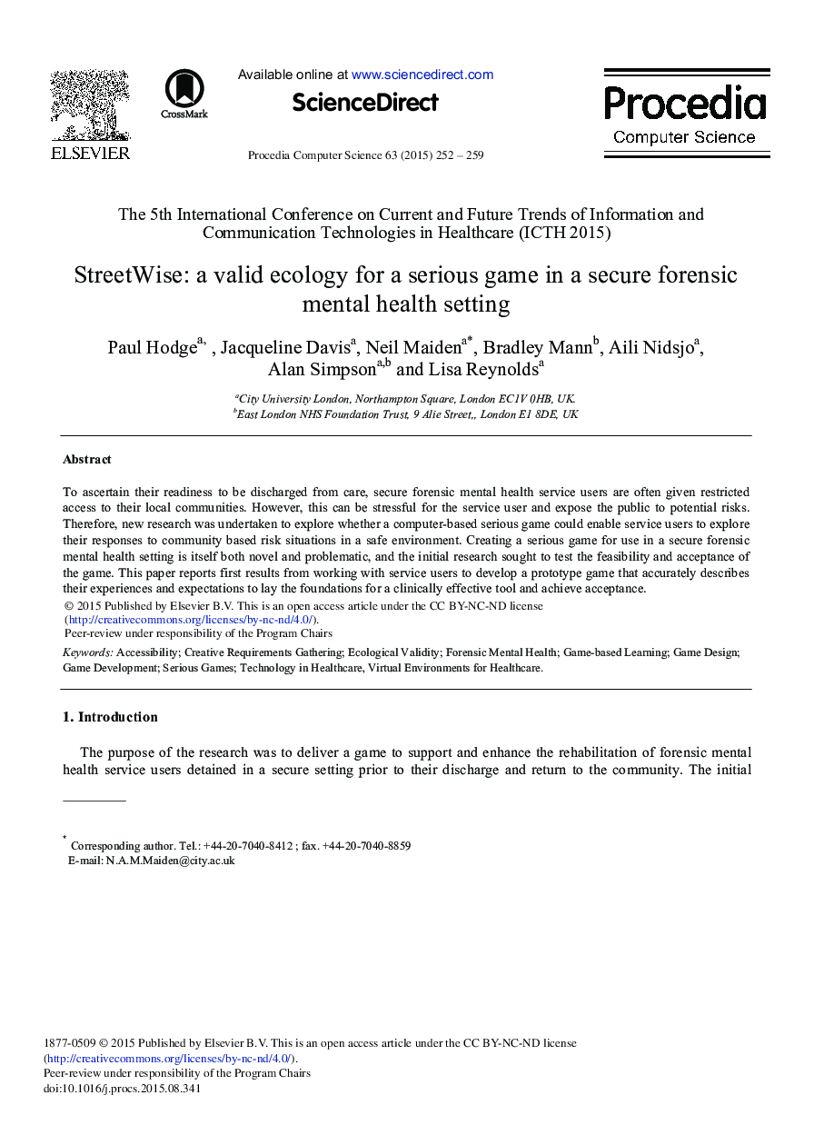 عکس صفحه اول مقاله: StreetWise: A Valid Ecology for a Serious Game in a Secure Forensic Mental Health Setting StreetWise: A Valid Ecology for a Serious Game in a Secure Forensic Mental Health Setting