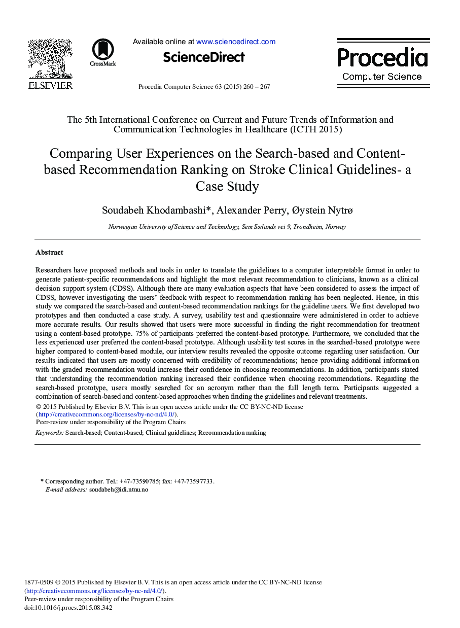 Comparing User Experiences on the Search-based and Content-based Recommendation Ranking on Stroke Clinical Guidelines- A Case Study 