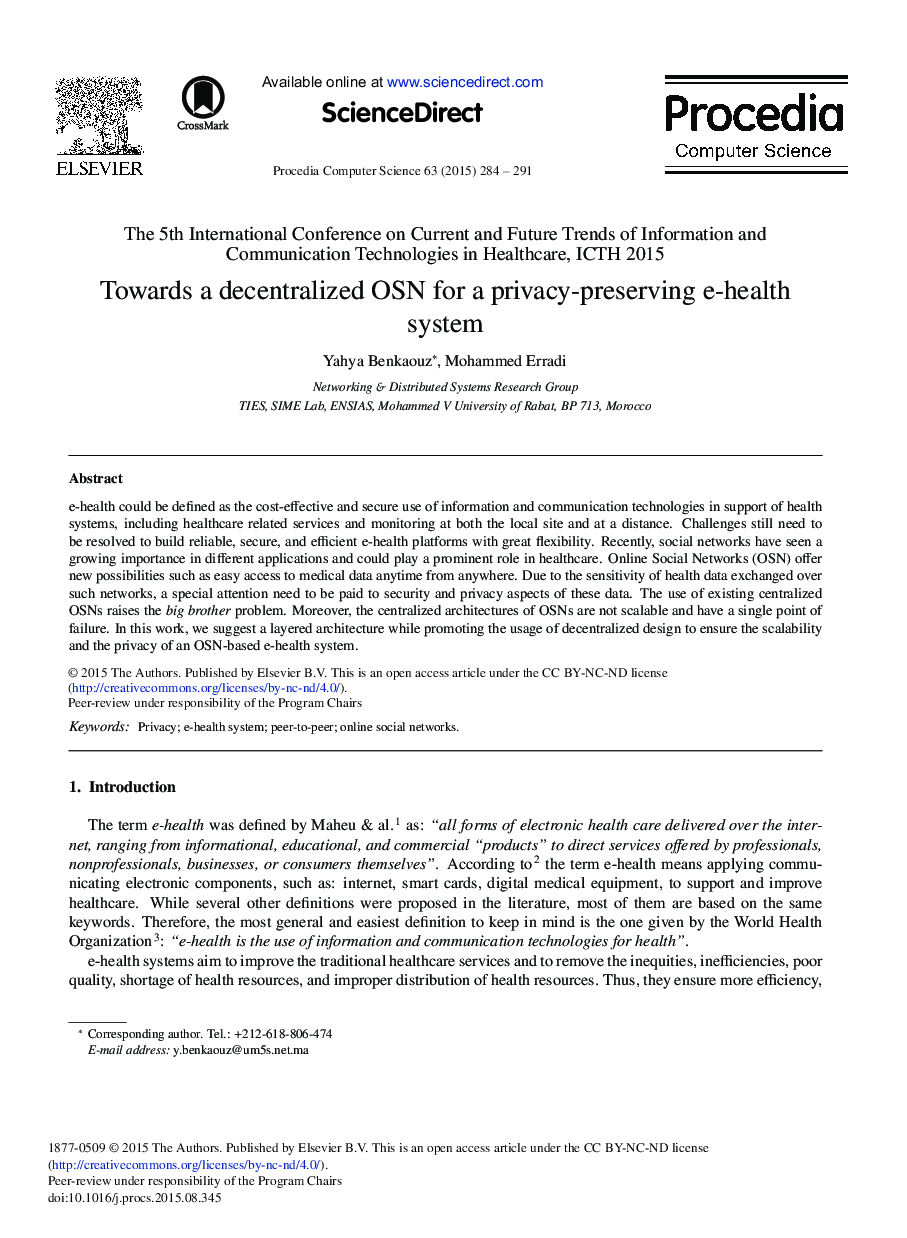 عکس صفحه اول مقاله: Towards a Decentralized OSN for a Privacy-preserving e-health System Towards a Decentralized OSN for a Privacy-preserving e-health System