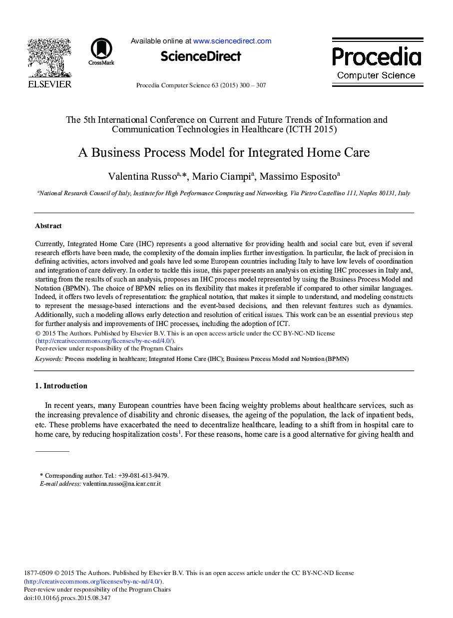 عکس صفحه اول مقاله: A Business Process Model for Integrated Home Care A Business Process Model for Integrated Home Care