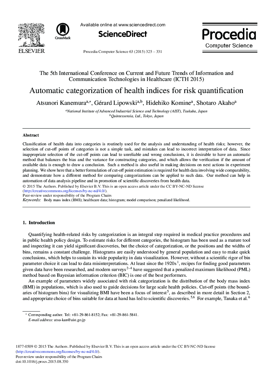 عکس صفحه اول مقاله: Automatic Categorization of Health Indices for Risk Quantification Automatic Categorization of Health Indices for Risk Quantification
