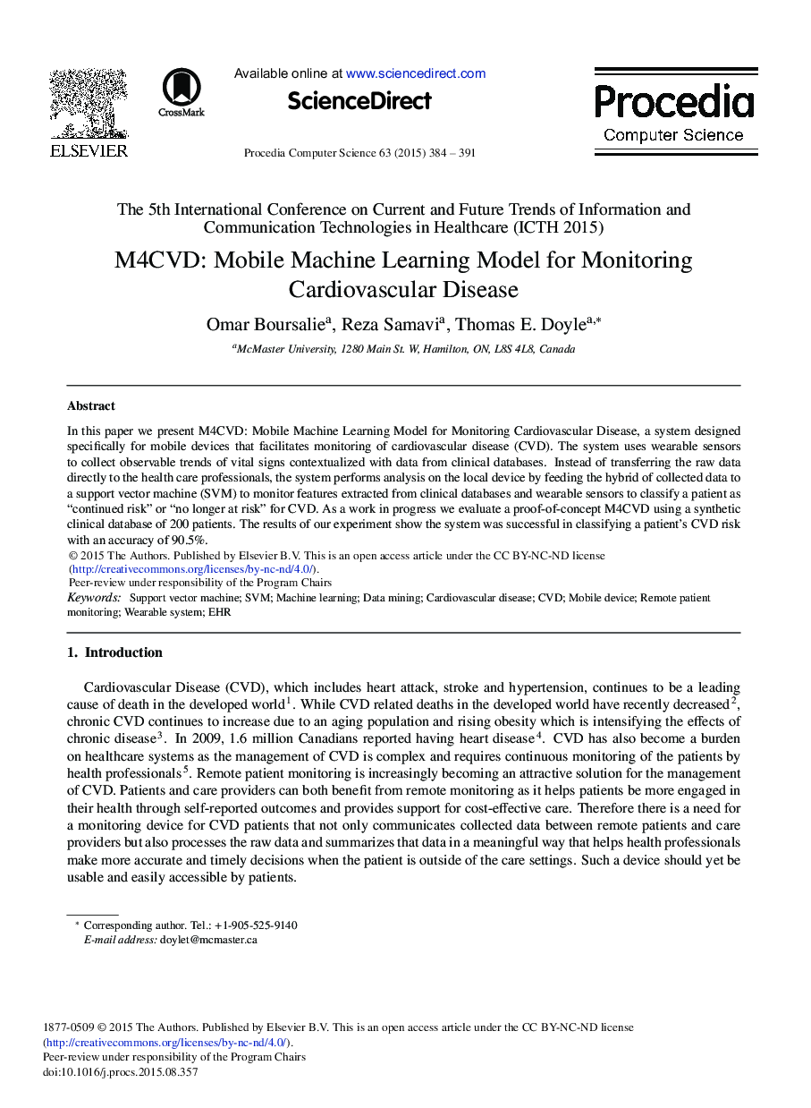 M4CVD: Mobile Machine Learning Model for Monitoring Cardiovascular Disease 