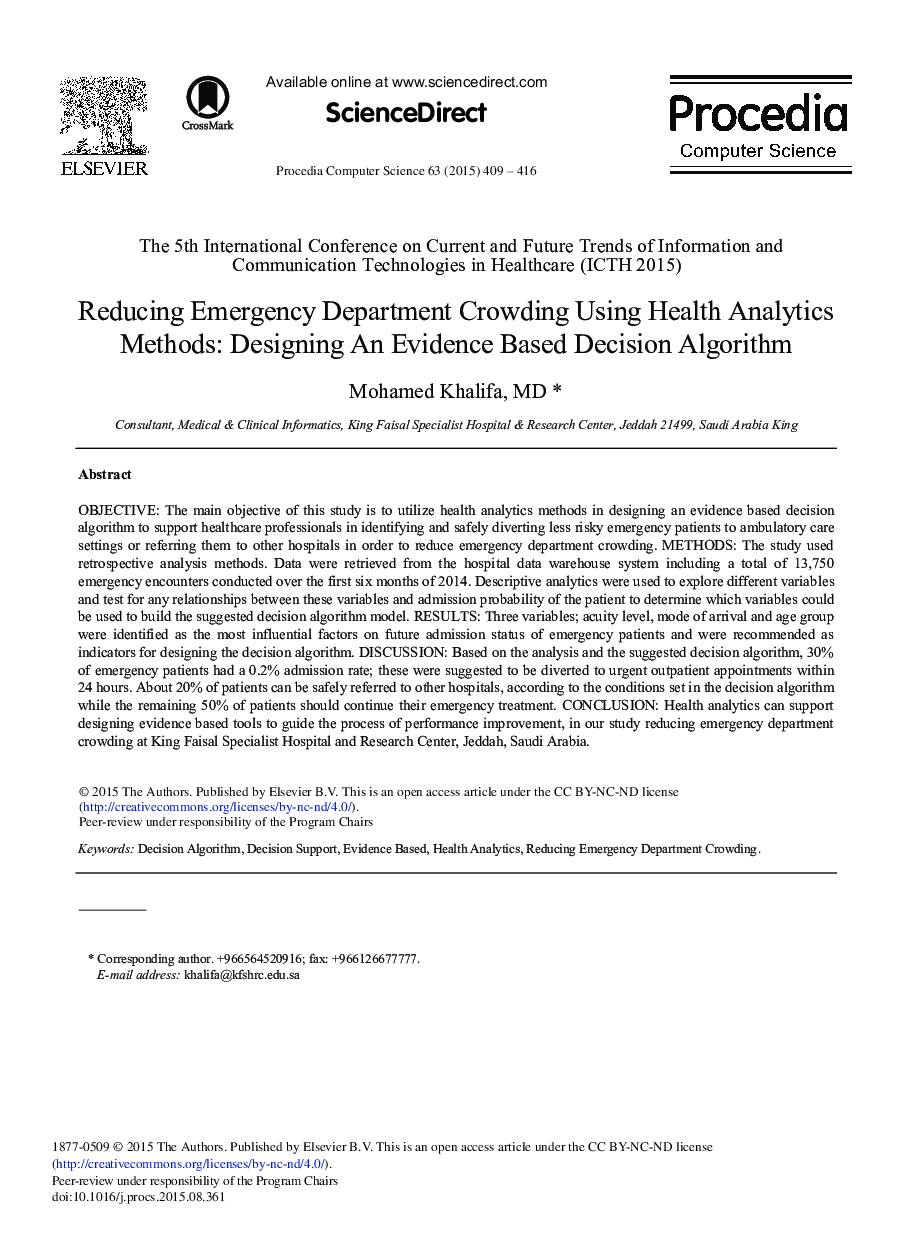 Reducing Emergency Department Crowding Using Health Analytics Methods: Designing AnEvidence Based Decision Algorithm 