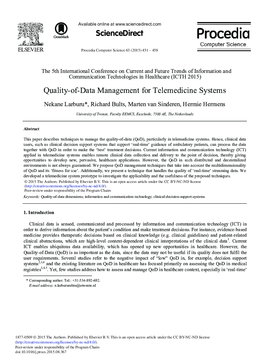 عکس صفحه اول مقاله: Quality-of-Data Management for Telemedicine Systems Quality-of-Data Management for Telemedicine Systems