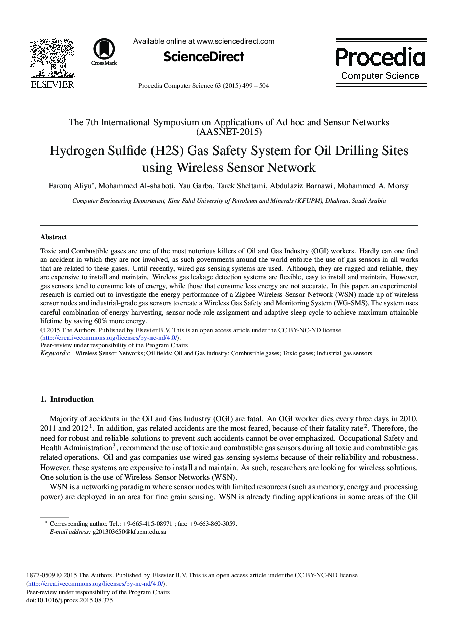 عکس صفحه اول مقاله: Hydrogen Sulfide (H2S) Gas Safety System for Oil Drilling Sites using Wireless Sensor Network Hydrogen Sulfide (H2S) Gas Safety System for Oil Drilling Sites using Wireless Sensor Network