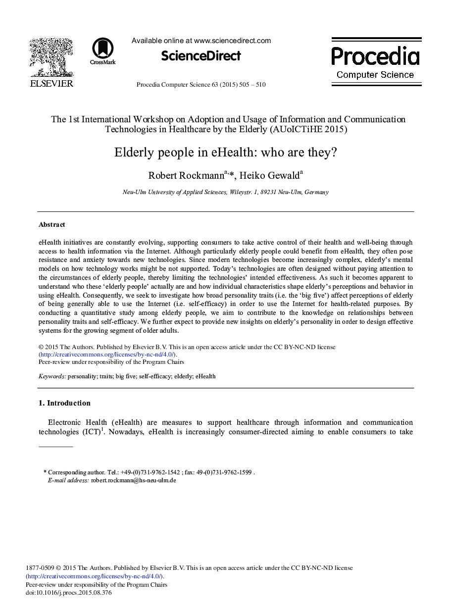 عکس صفحه اول مقاله: Elderly People in eHealth: Who are they? Elderly People in eHealth: Who are they?