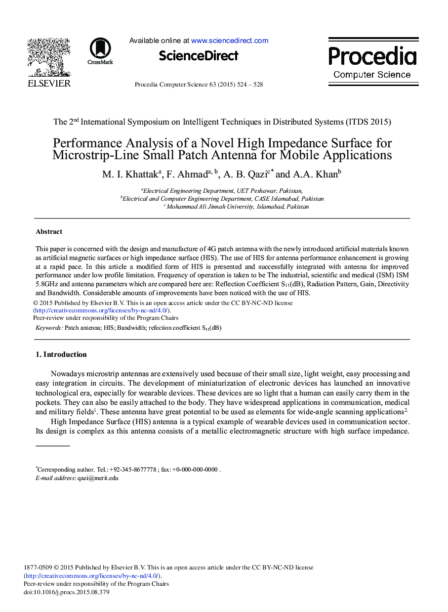 Performance Analysis of a Novel High Impedance Surface for Microstrip-line Small Patch Antenna for Mobile Applications 