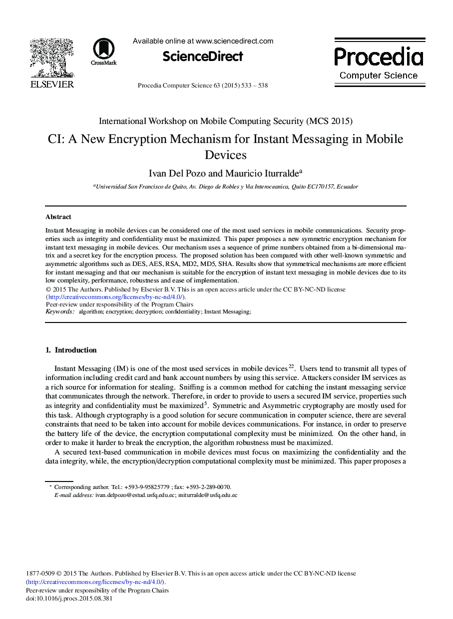عکس صفحه اول مقاله: CI: A New Encryption Mechanism for Instant Messaging in Mobile Devices CI: A New Encryption Mechanism for Instant Messaging in Mobile Devices