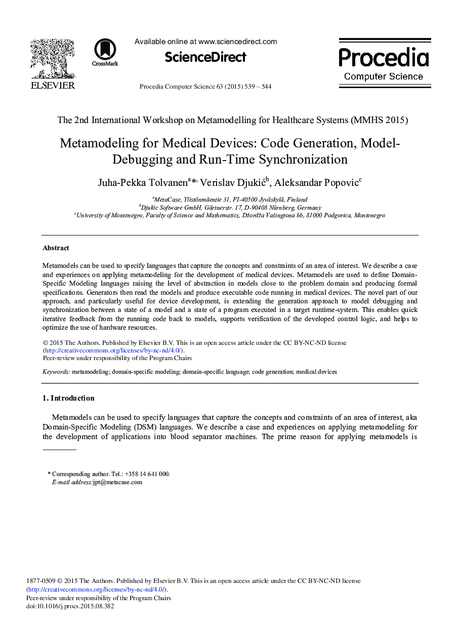 عکس صفحه اول مقاله: Metamodeling for Medical Devices: Code Generation, Model-debugging and Run-time Synchronization Metamodeling for Medical Devices: Code Generation, Model-debugging and Run-time Synchronization