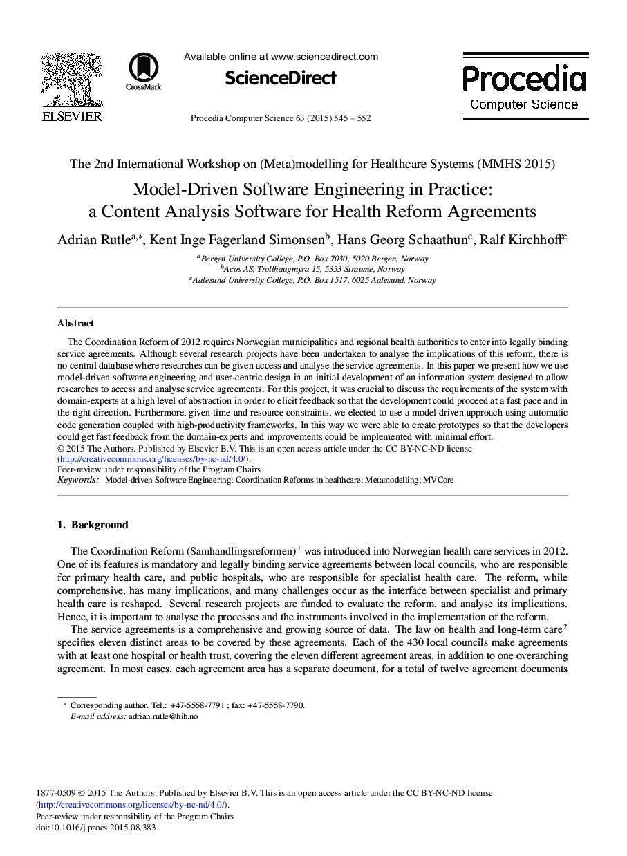 عکس صفحه اول مقاله: Model-driven Software Engineering in Practice: A Content Analysis Software for Health Reform Agreements Model-driven Software Engineering in Practice: A Content Analysis Software for Health Reform Agreements