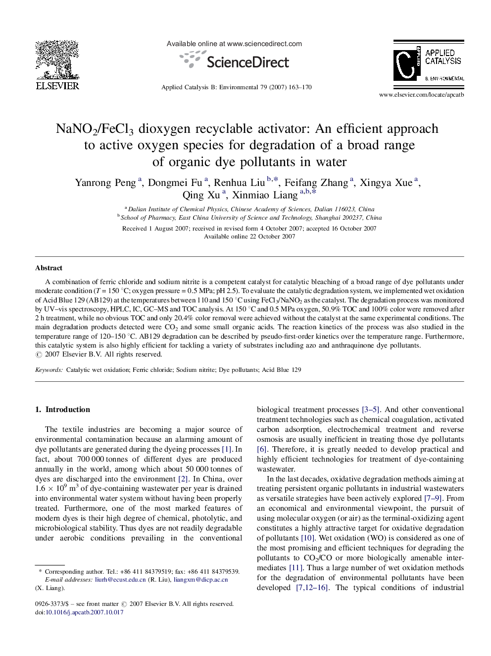 NaNO2/FeCl3 dioxygen recyclable activator: An efficient approach to active oxygen species for degradation of a broad range of organic dye pollutants in water