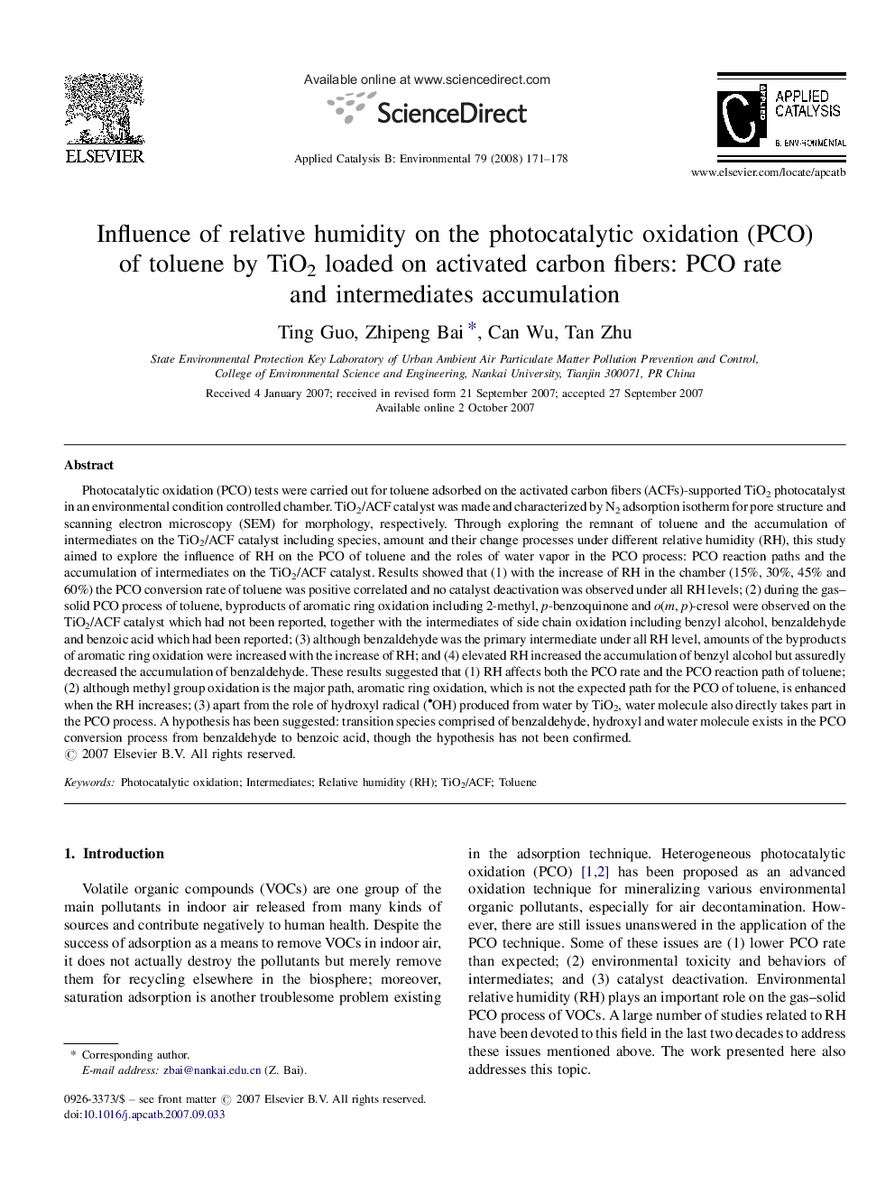 Influence of relative humidity on the photocatalytic oxidation (PCO) of toluene by TiO2 loaded on activated carbon fibers: PCO rate and intermediates accumulation