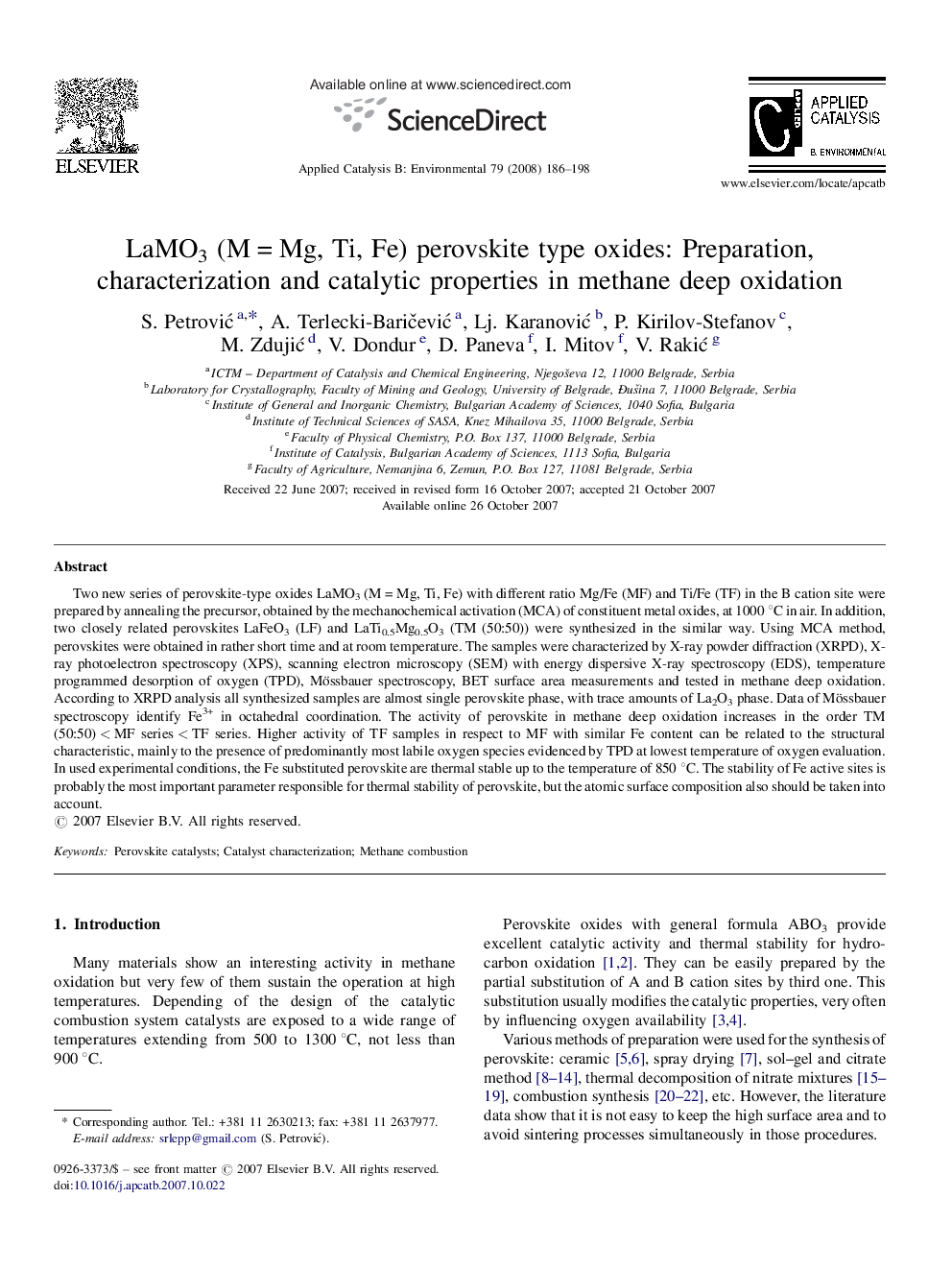 LaMO3 (M = Mg, Ti, Fe) perovskite type oxides: Preparation, characterization and catalytic properties in methane deep oxidation