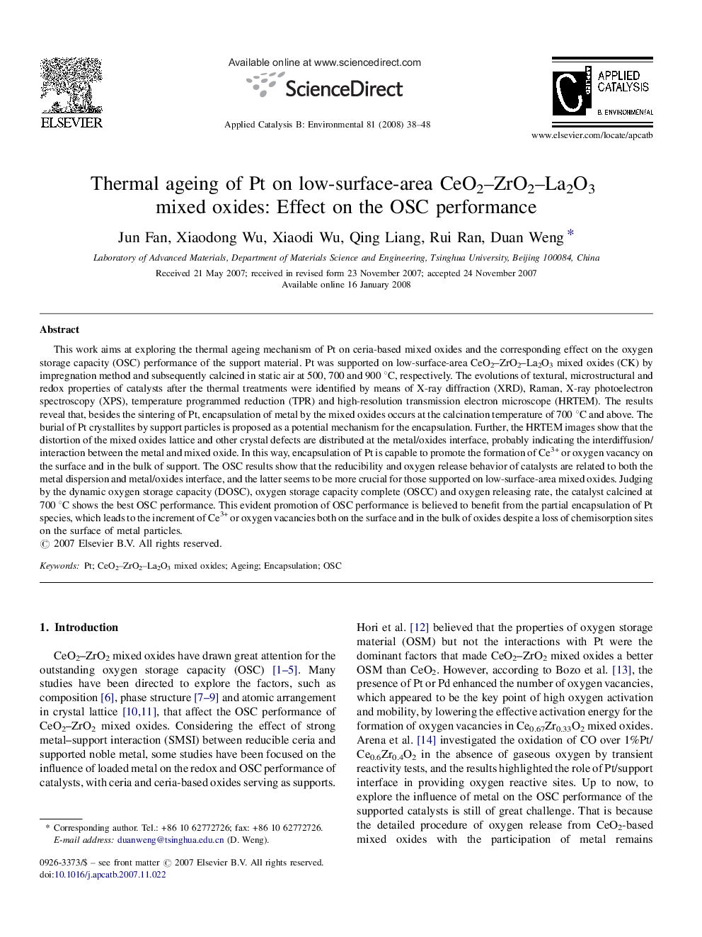 Thermal ageing of Pt on low-surface-area CeO2–ZrO2–La2O3 mixed oxides: Effect on the OSC performance