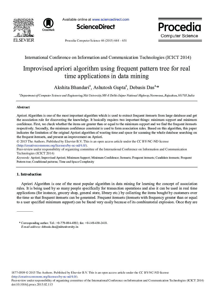 Improvised Apriori Algorithm Using Frequent Pattern Tree for Real Time Applications in Data Mining 