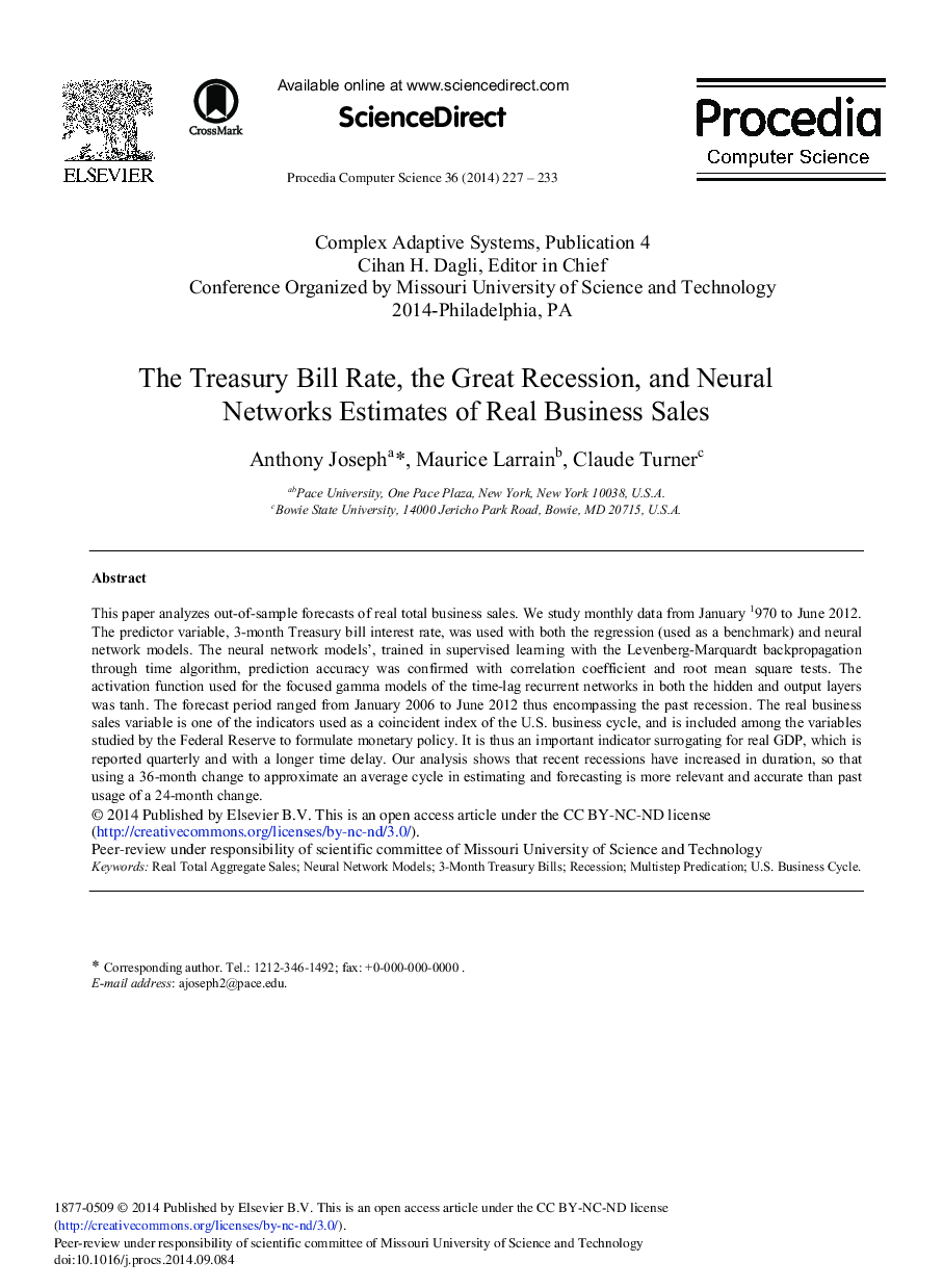 The Treasury Bill Rate, the Great Recession, and Neural Networks Estimates of Real Business Sales 