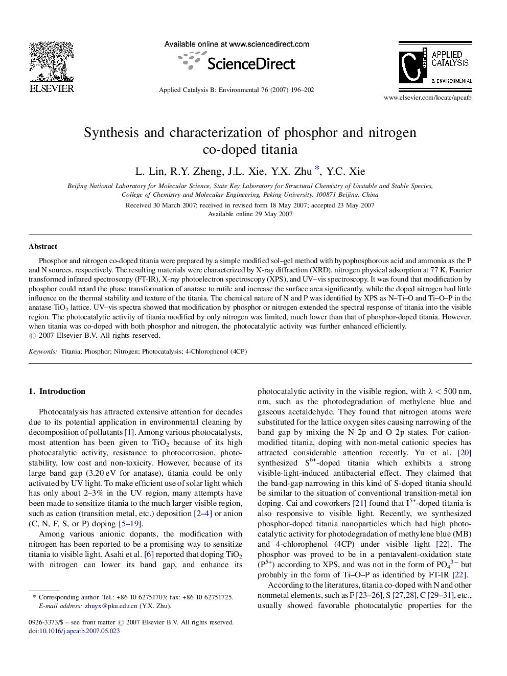 Synthesis and characterization of phosphor and nitrogen co-doped titania