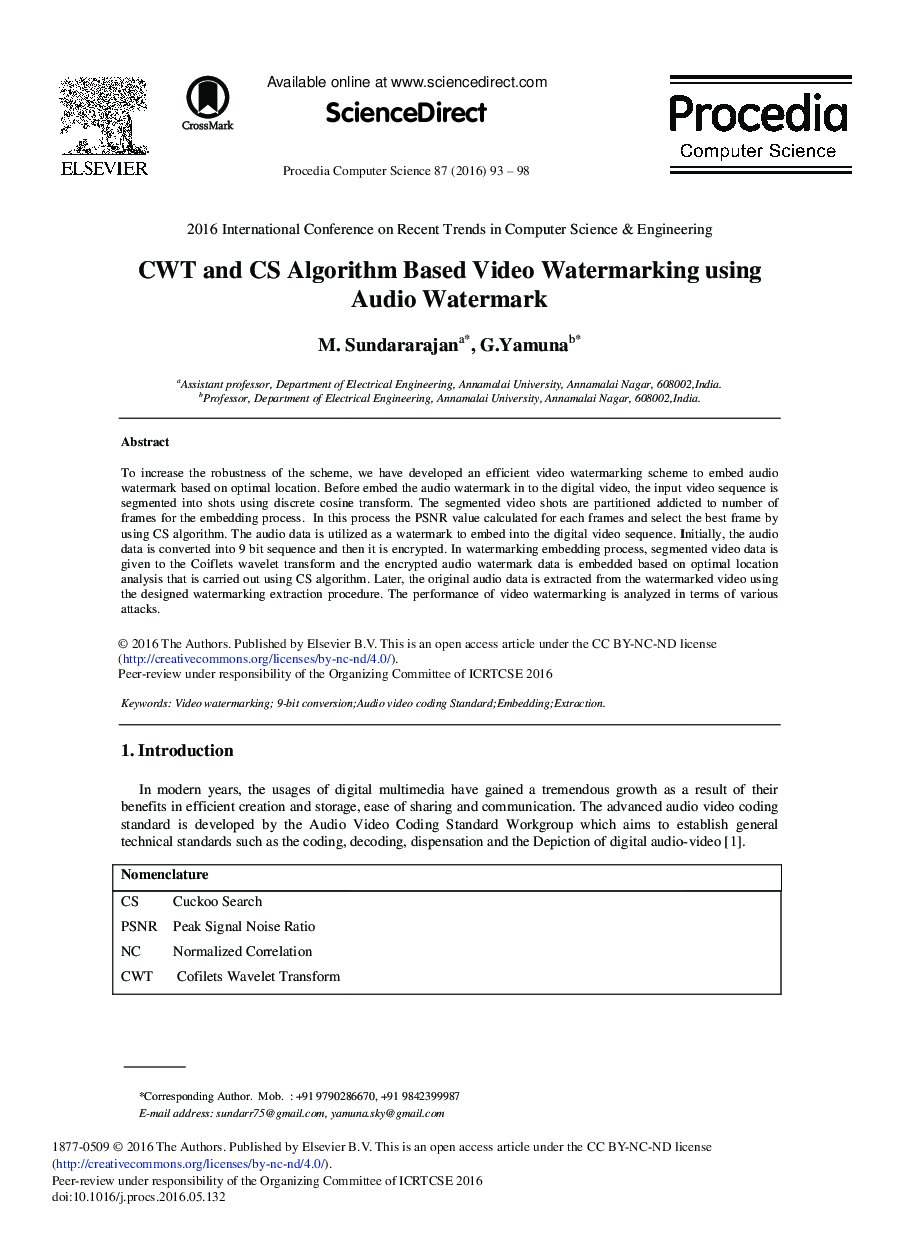 CWT and CS Algorithm Based Video Watermarking Using Audio Watermark 