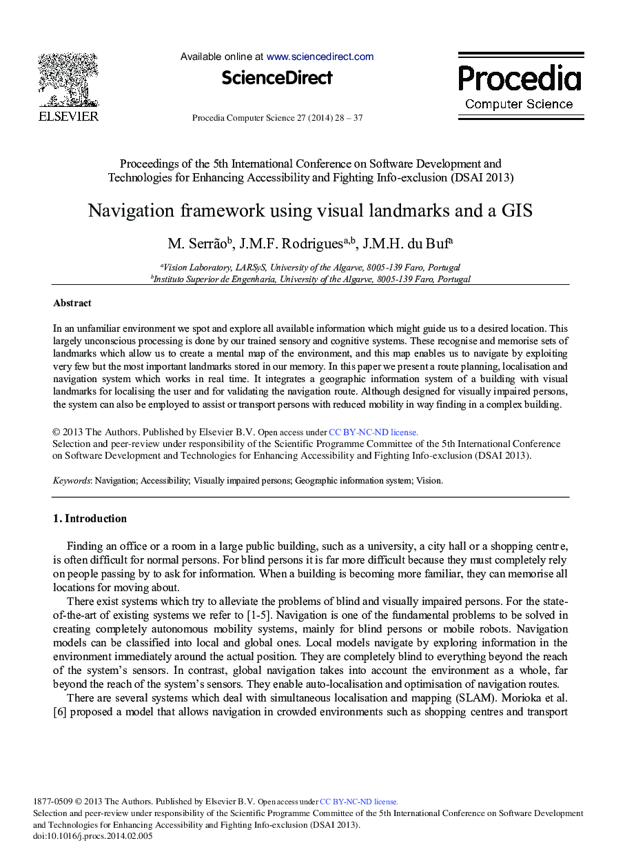 Navigation Framework Using Visual Landmarks and a GIS 