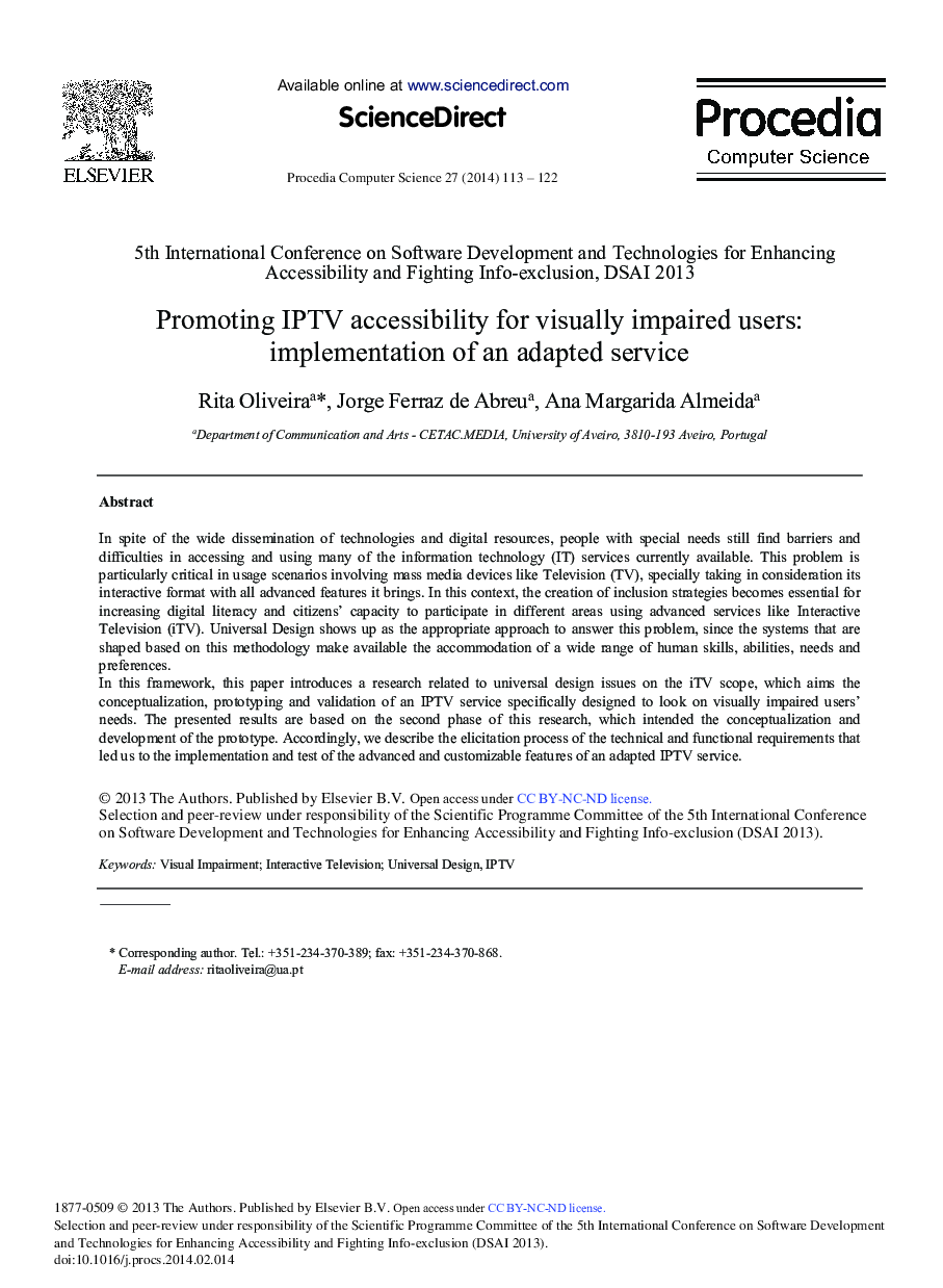 عکس صفحه اول مقاله: Promoting IPTV Accessibility for Visually Impaired Users: Implementation of an Adapted Service Promoting IPTV Accessibility for Visually Impaired Users: Implementation of an Adapted Service