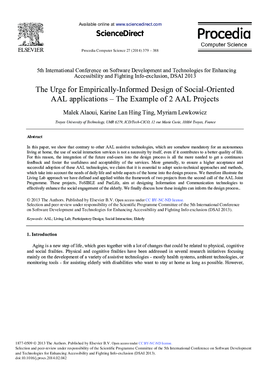 The Urge for Empirically-informed Design of Social-Oriented AAL Applications – The Example of 2 AAL Projects 