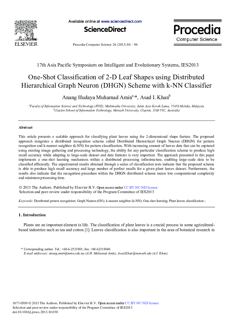 One-shot Classification of 2-D Leaf Shapes Using Distributed Hierarchical Graph Neuron (DHGN) Scheme with k-NN Classifier 