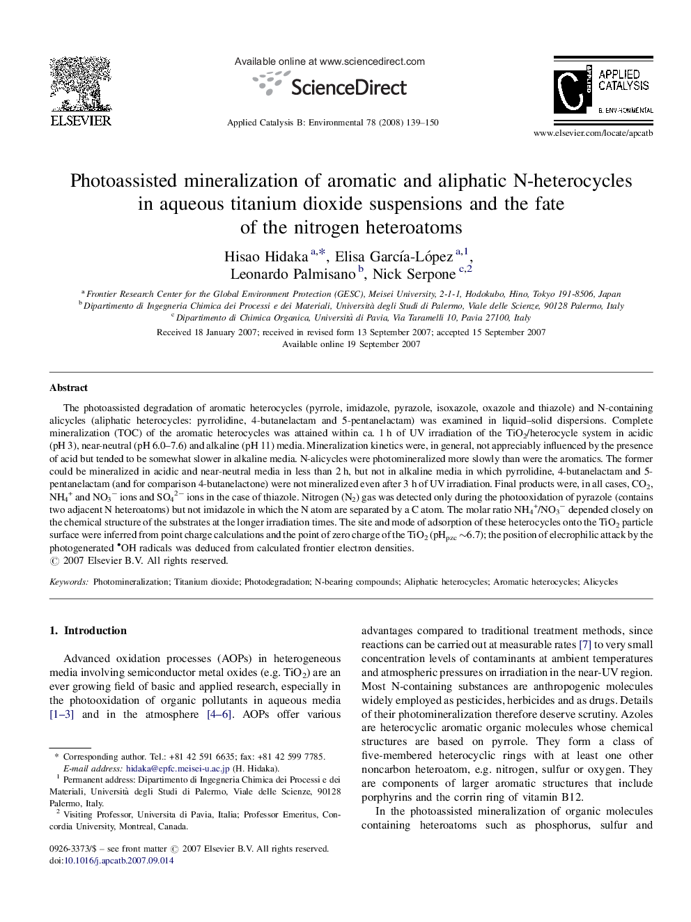 Photoassisted mineralization of aromatic and aliphatic N-heterocycles in aqueous titanium dioxide suspensions and the fate of the nitrogen heteroatoms