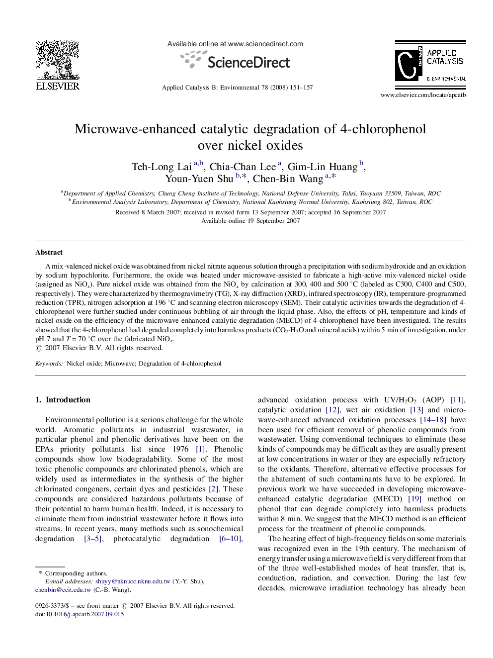 Microwave-enhanced catalytic degradation of 4-chlorophenol over nickel oxides