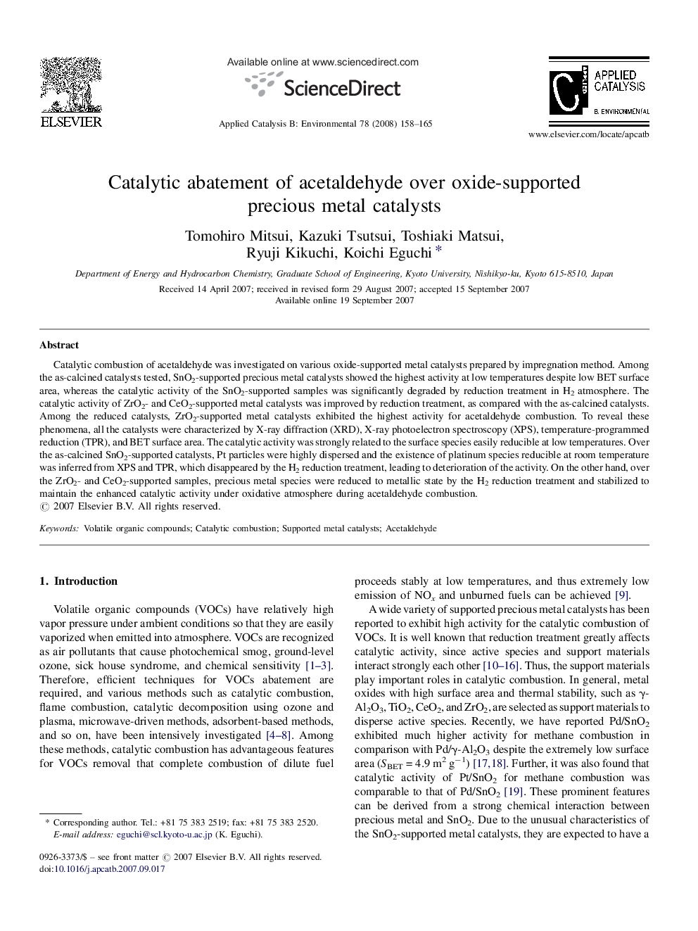 Catalytic abatement of acetaldehyde over oxide-supported precious metal catalysts