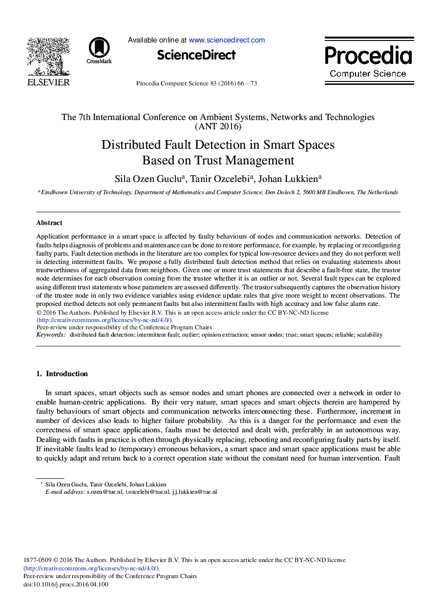 Distributed Fault Detection in Smart Spaces Based on Trust Management 